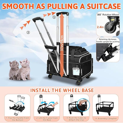 Petskd Top-Expandable Small Pet Carrier with Wheels(18" L x 11" W x 11" H), Delta/American/United Airlines Approved, Rolling Pet Carrier for Small Dogs & Cats (Black)
