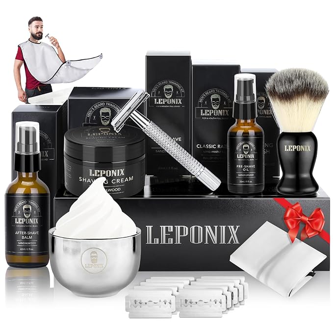 Shaving Kit for Men - The Ultimate Secret Santa Gift Set, Includes Safety Razor, Sandalwood Shaving Cream, Aftershave, Pre Shave Oil, Brush, Bowl & Apron Bib - Unique Gifts Set for Him Husband Dad