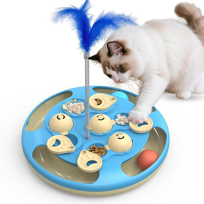 Cat Puzzle Toys Games Level 3 in 1 with Track Balls, Feather Teaser & Treat Feeder | Non-Slip Base | Mental Stimulation Enrichment for Indoor Cat, Dogs| Kitty Gift, Blue