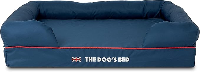 The Dog’s Bed Orthopedic Memory Foam Dog Bed with Bolsters for Large Dogs, High Density Support Mattress, Low Front Entry, Removable Washable Cover, Oxford Fabric, Blue with Dark Red Trim, Large