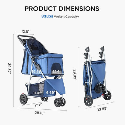 NEWBULIG 3 Wheel Pet Stroller for Dogs and Cats, Foldable, Lightweight and Durable, Ideal for Small to Medium Pets, Includes Storage Basket and Cup Holders