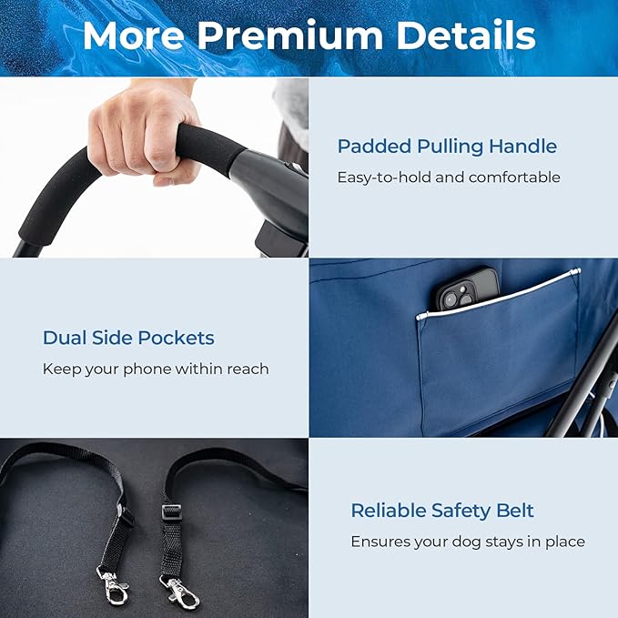 Giantex Double Dog Stroller for 2 Dogs, Detachable Carriers, Safety Belt, 4 Lockable Wheels, Pet Travel Carrier Strolling Cart, Folding Cat Stroller for Small Medium Pets Dogs (Blue)
