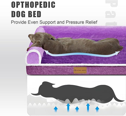 Patas Lague Orthopedic XL Dog Bed Large Sized Dog 48''X30'', Waterproof Comfortable L Bolster Big Extra Large Non-Slip Soft Warm Pet Crate Bed Sleep Sofa mat with Removable Washable Cover, Purple