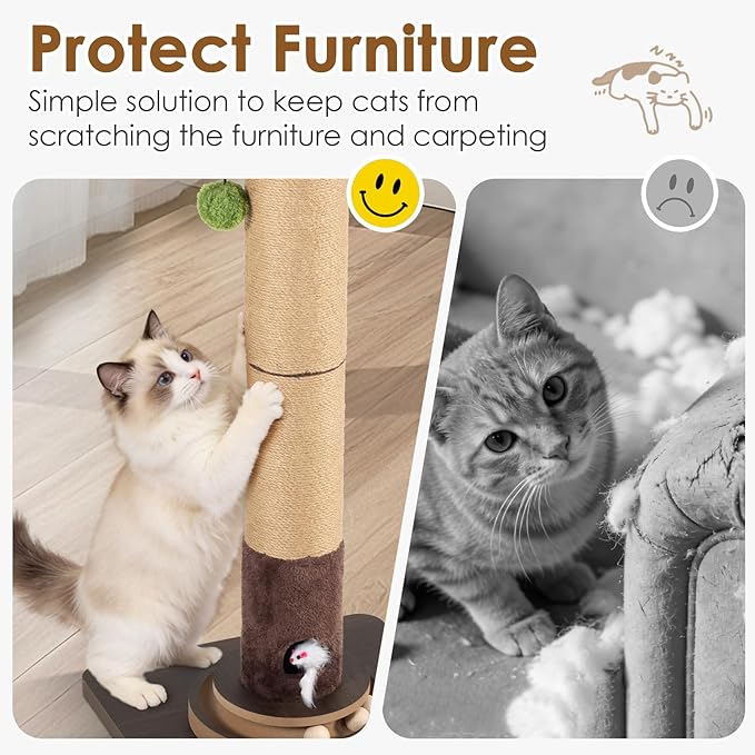 35.4" Tall Sisal Cat Scratching Post, Anti-Tip Stable Base, Interactive Mouse Hole & Toys, Furniture Grade Wood Cat Scratcher Tower for Indoor Cats
