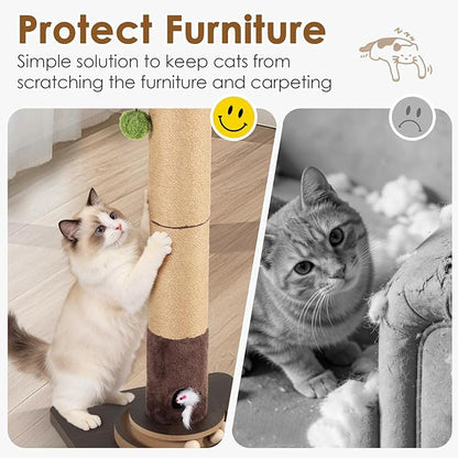 35.4" Tall Sisal Cat Scratching Post, Anti-Tip Stable Base, Interactive Mouse Hole & Toys, Furniture Grade Wood Cat Scratcher Tower for Indoor Cats