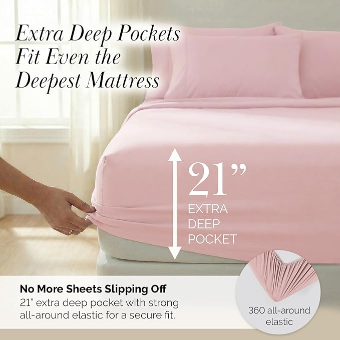 Southshore Fine Living, Inc. 7-Piece Split King Sheet Set, 21-Inch Split King Size Sheets Deep Pocket Set, Fitted and Flat Sheet, Microfiber Bedding, Pink Pillow Cases Set of 4, Pink Sheets