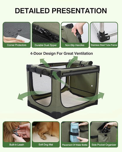 Veraste 42" L x 31" W x 31" H Collapsible Travel Dog Crate, Quick-Setup Portable Soft Dog Kennel for Large Dogs up to 90 lbs, 4-Door Foldable Travel Crate with Storage Bag, Green