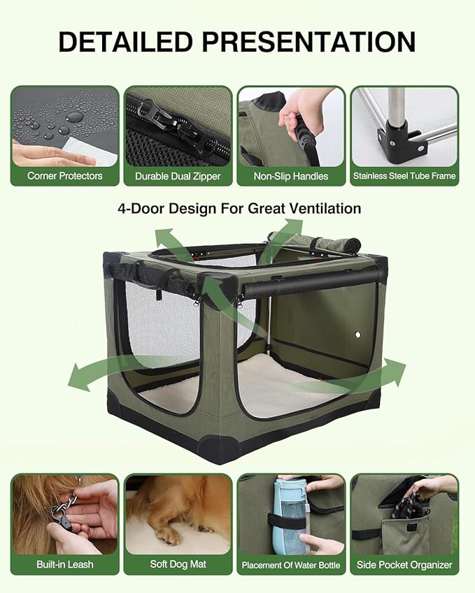 Veraste 33" L x 25" W x 25" H Collapsible Travel Dog Crate, Portable Soft Dog Kennel for Medium Large Dogs up to 60 lbs, 4-Door Foldable Travel Crate with Durable Mesh & Storage BagGreen