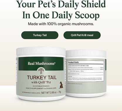 Real Mushrooms Turkey Tail with Qrill Pet - Turkey Tail Mushroom for Dogs with Krill Meal for Dogs and Cats - Beta-Glucan Rich Mushroom Extracts Immune & Gut Support for Puppies and Kittens, 75g