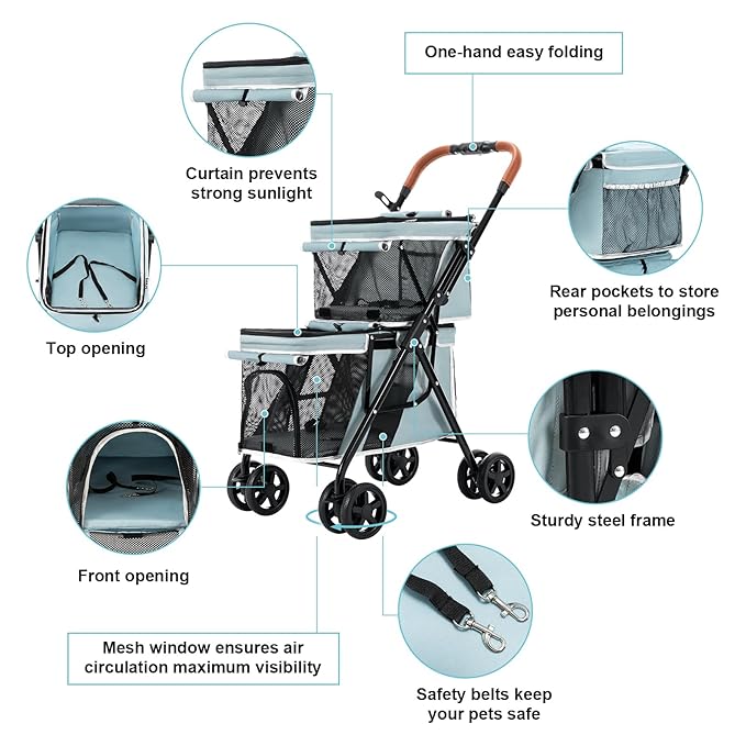 Double Pet Stroller for Dogs and Cats, One-Hand Folding Dog Stroller Travel Carriage for Small Medium Dogs Cats, 4 Wheels, Blue
