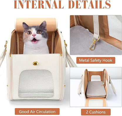 PetsHome Dog Carrier Purse, Pet Carrier, Foldable Waterproof Premium Leather Pet Travel Portable Bag for Cat and Small Dog Home & Outdoor Small Beige