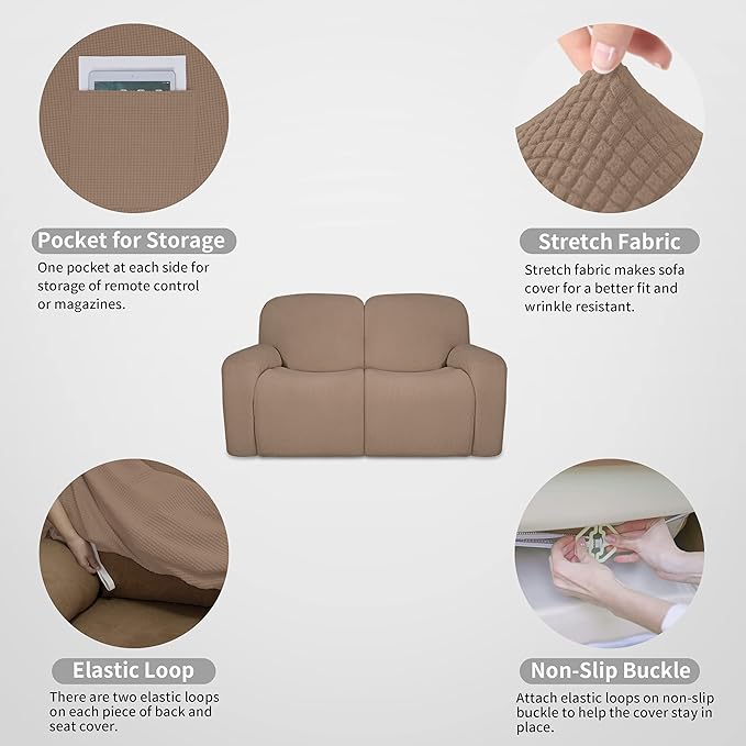 Easy-Going 100% Dual Waterproof Recliner Loveseat Cover, 6-Pieces Stretch Relining Sofa Cover with Pocket, Jacquard 2 Seat Sofa Slipcover Leakproof Washable (Loveseat, Camel)