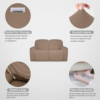 Easy-Going 100% Dual Waterproof Recliner Loveseat Cover, 6-Pieces Stretch Relining Sofa Cover with Pocket, Jacquard 2 Seat Sofa Slipcover Leakproof Washable (Loveseat, Camel)