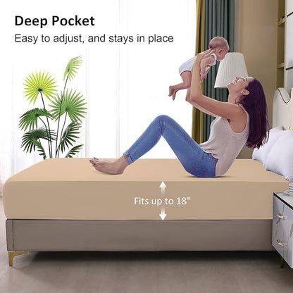 Twin Mattress Protector Waterproof, Fitted Sheet Style Breathable Mattress Cover with Deep Pocket Fits Up to 18'', Noiseless Bed Cover for Kids Adults, Machine Washable (Light Tan, 39'' X 75'')