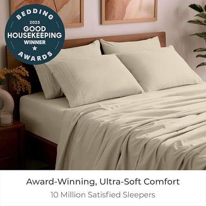 Mellanni King Sheet Set - 6-Piece Iconic Collection Bedding, (Including 4 Pillowcases), 16-Inch Deep Pocket, Easy Care, Extra Soft, Cooling Sheets, Brushed Microfiber - Beige