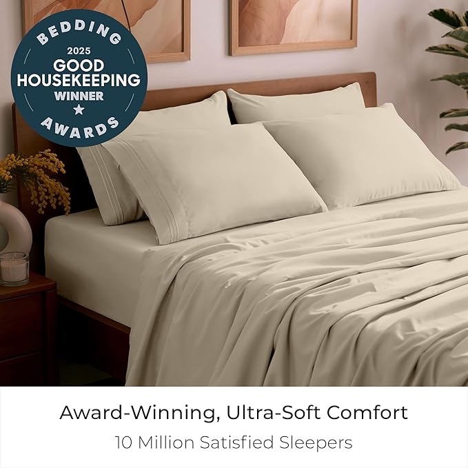 Mellanni Queen Sheet Set - 6-Piece Iconic Collection Bedding, (Including 4 Pillowcases), 16-Inch Deep Pocket, Easy Care, Extra Soft, Cooling Sheets, Brushed Microfiber - Beige