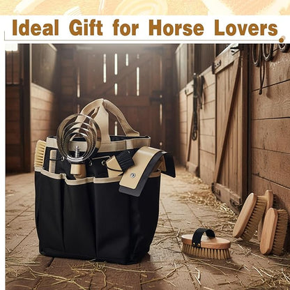 Abbylike 12 Pieces Horse Grooming Kit with Organizer Tote Bag Tack Room Supplies Horse Brush Sets Equine Care Cleaning Kit Shedding Grooming Massaging Tools (Khaki and Black)