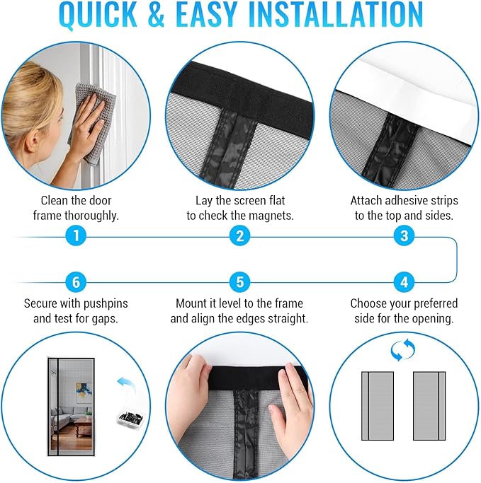 Magnetic Closure Screen Door, Reversible Mesh Door Screen Fits 36" x 82" Door, Heavy-Duty Magnetic Mesh Curtain for Sliding Door and French Door, Self-Sealing, Portable Patio Screen (38" x 83")