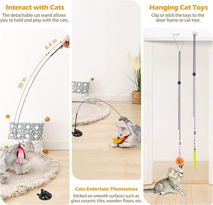 Cat Toys, 2 Pack 3 in 1 Interactive Cat Toy for Indoor Cats with Sticky Super Suction Cup Detachable 10 Pcs Replacements Feathers Balls Mice 2 Wand Hanging Door Kitten Toys