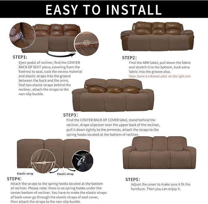 Easy-Going 100% Dual Waterproof Recliner Sofa Cover, 8-Pieces Stretch Relining Couch Cover with Pocket, Jacquard 3 Seat Sofa Slipcover Leakproof Washable (Sofa, Brown)