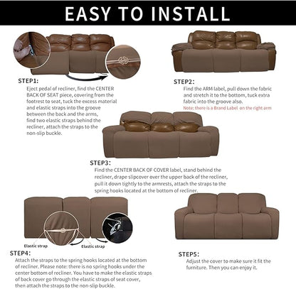Easy-Going 100% Dual Waterproof Recliner Sofa Cover, 8-Pieces Stretch Relining Couch Cover with Pocket, Jacquard 3 Seat Sofa Slipcover Leakproof Washable (Sofa, Brown)