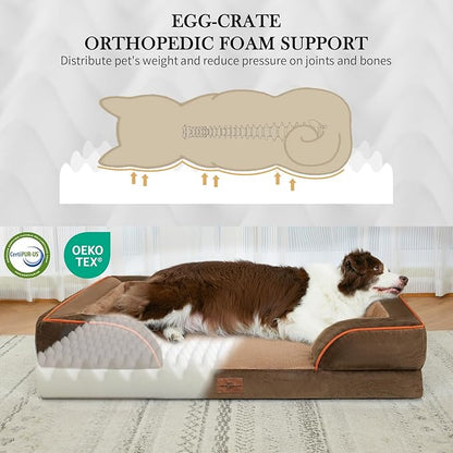 Comfort Expression Orthopedic Dog Bed for Large Dogs 38x25 Inch, Waterproof Supportive Egg Crate Foam Large Pet Bed with Removable Bolsters, Dog Couch with Washable Cover & Non-Slip Bottom, Brown