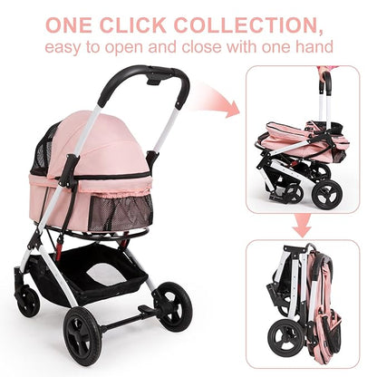 Pet Stroller for Medium Small Dog & Cat, Foldable Lightweight Dog Stroller with Storage Basket Pet Travel Carriage with Safety Leashes, 4 Wheel, Pink