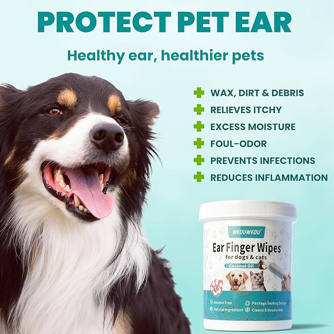 MEDUWEDU Ear Cleaner Finger Wipes 120 Counts, Dog Ear Cleaner, Grooming Kit Care for Dogs and Cats, Soft & Easy Otic Cleaning Pads, Remove Wax, Dirt & Stop Smelly, Itchy, Non-Irritating, Coconut Scent