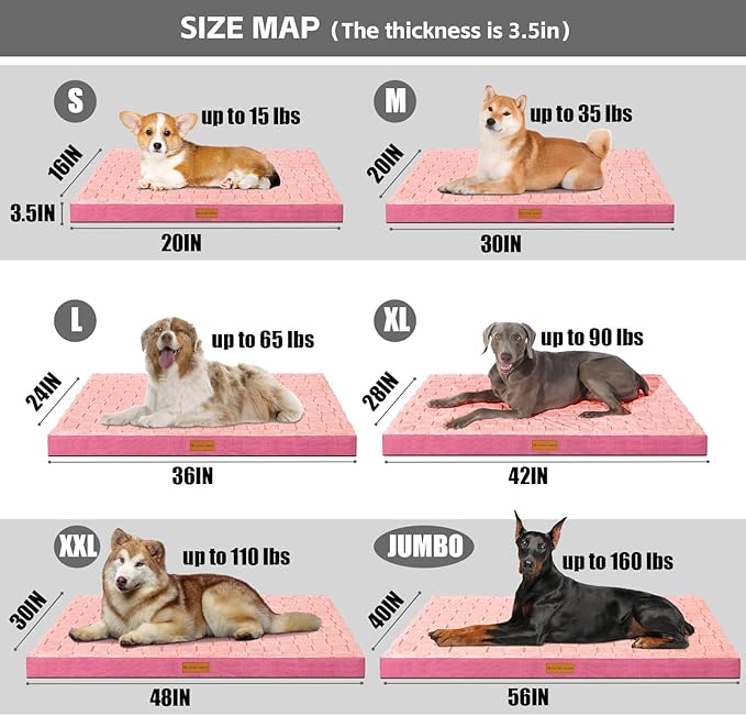 Patas Lague Orthopedic Dog Bed Large Sized Dog 36''X24'', Waterproof Soft Comfortable Egg Crate Foam Large Pet Beds Crate Mat with Removable Washable Cover and Nonskid Bottom, Pink