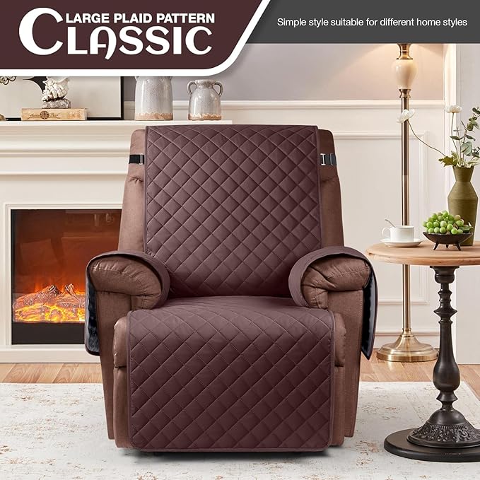 KinCam 100% Waterproof Recliner Chair Cover, Reclining Couch Covers for Pets, Dogs, Recliner Couch Slipcover Furniture Protector with Elastic Straps for Kids(28", Coffee)