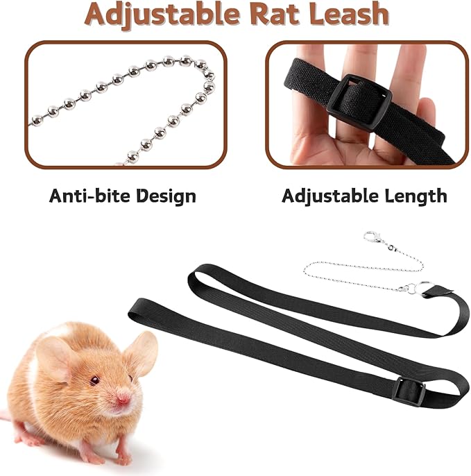 3 Pack Rat Harness and Leash - Adjustable Soft Leather Small Animal Harness Leash Traction Rope Anti-Bite Chain Training Walking Vest Accessories for Squirrel Reptile (Brown)