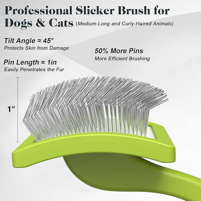 2PCS Slicker Brush for Dogs & Pet Comb,Professional Dog Grooming Brush (Goldendoodles,Poodles,Labradoodles) with Extra Long Pins to Effectively Remove Tangles, Knots and Mats (Green, Large)