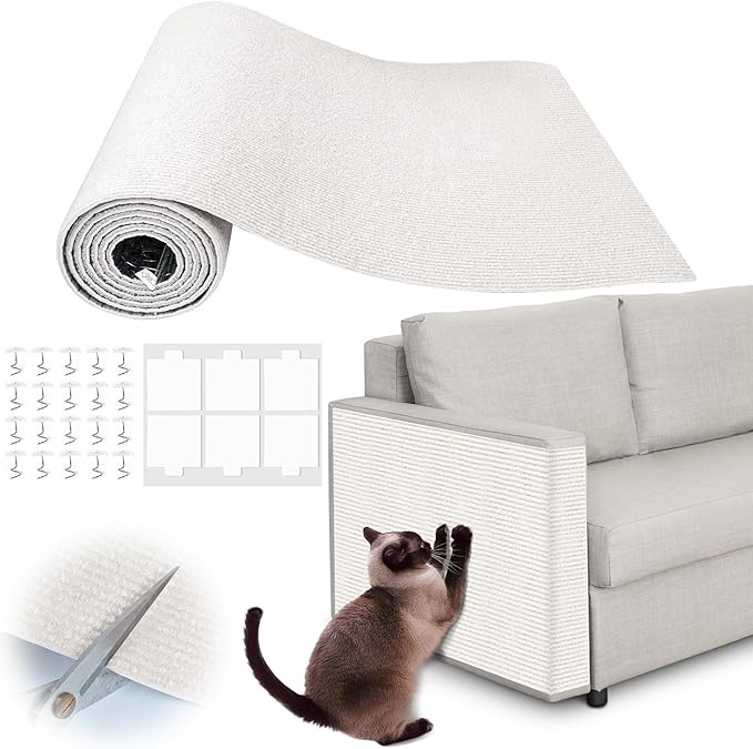 Cat Scratch Furniture Protector - 158" x 13.8" Trimmable Self-Adhesive Cats Claws Scratch Pads, DIY Cat Climbing Couch Protector for Scratch Post Cat Tree Replacement Indoor (Cream White)