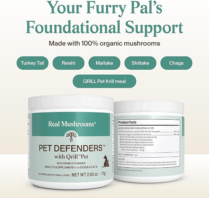 Real Mushrooms Pet Defenders with Krill - Dog Immune Support with Reishi, Turkey Tail, Shiitake, Maitake Organic Mushroom Extracts, Chaga - Daily Digestion and Immune Support for Dogs and Cats, 75g
