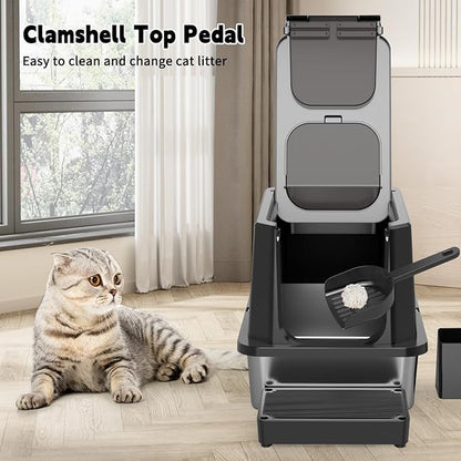 RIZZARI Enclosed Cat Litter Box: All Black Stainless Steel - Odor-Resistant & High-Sided - Teflon Non-Stick Coating for Quick Cleaning - Large Top-Exit Pan for Modern Homes Balcony