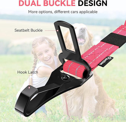 Pawaboo 2Pack Dog Seatbelt for Car, 3-in-1 Dog Car Seat Belt Bungee, Shockproof Dog Tether for Car with Buckle & Hook Latch, Adjustable Reflective Dog Harness Leash with 360° Lockable Buckle, Pink