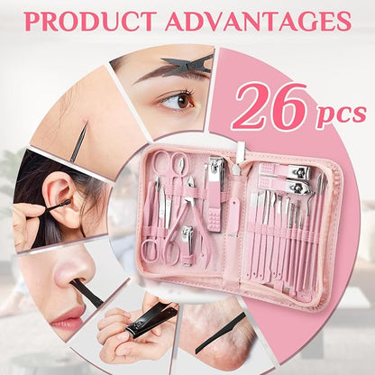 MINKINH 26-Piece Professional Manicure Set，Features Stainless Steel Tools, Carbon Steel Clippers & Travel Case for Women's Home and Travel Grooming，Mother's Day Gifts(Pink)