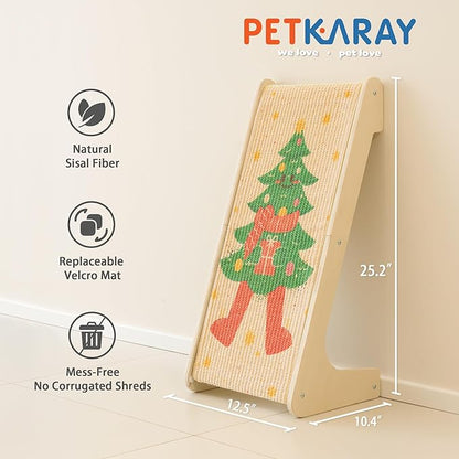 PETKARAY L Shape Cat Scratcher, Sisal Kitty Scratching Ramp, Vertical Scratch Pad for Indoor Cats, 25.2" Furniture Protector with Catnip, Festive Edition