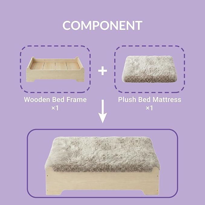 Elevated Wooden Dog Bed with Supportive Cushion & Washable Cover, Sturdy Noise-Free Frame, Modern Furniture-Style Design for Indoor Living Spaces, M Size for Medium Dogs, Natural Wood Finish