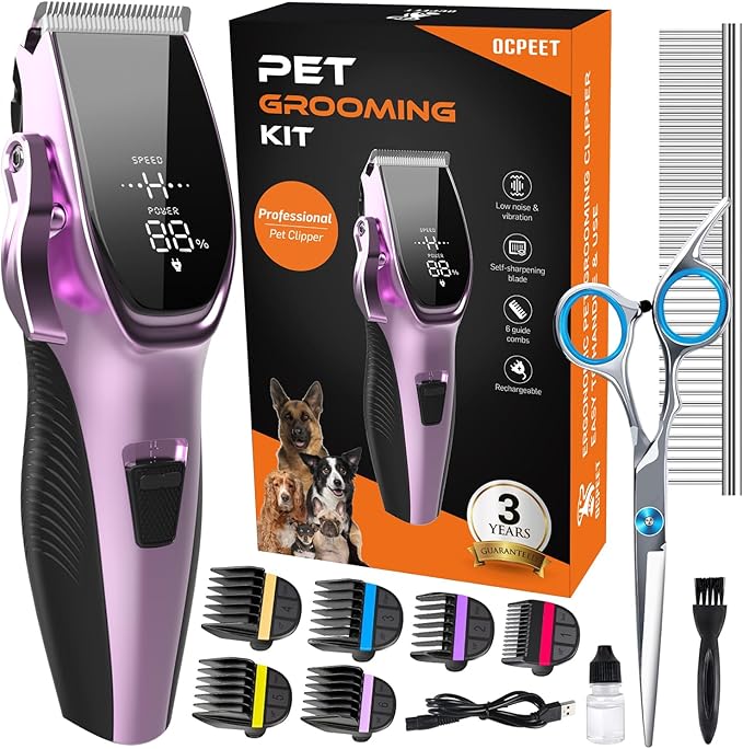 Dog Grooming Kit Dog Grooming Clippers Low Noise Cordless Rechageable Dog Clippers for Grooming 2 Speed 6 Guide Combs for Thick Fur Pet Grooming Kit for Small Large Sensitive Dog Cat(Dark Iris Purple)