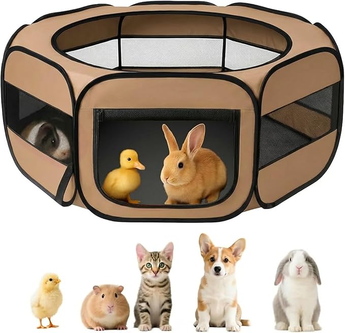 UWE Extra Large Small Animal Playpen, XL Portable Pet Playpen for Rabbit, Kitten, Guinea Pig, Hamster, Puppy – Waterproof Foldable Mesh Tent with Zipper Cover, Indoor Outdoor Use, Brow
