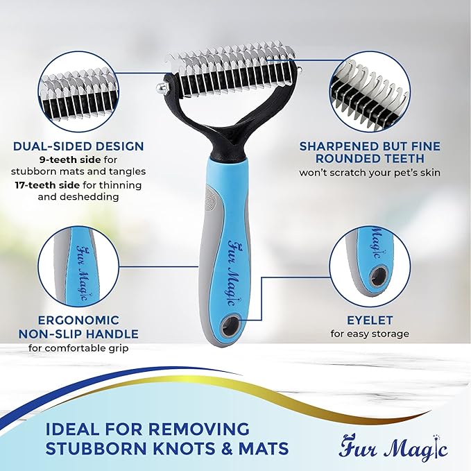 Fur Magic Large Deshedding Tool & Dematting Comb – Grooming Brushes for Dogs, Cats, Horses – Reduce Shedding and Remove Knots, Mats and Loose Undercoat