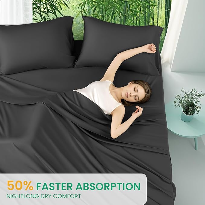 SONORO KATE 100% Viscose Derived from Bamboo_Sheets Cal King Size, Ultra Breathable & Cooling Bed Sheets for Hot Sleepers, Hotel Luxury Silky Bedding Sheets, 16" Deep Pocket - 4PC (Black,Cal King)