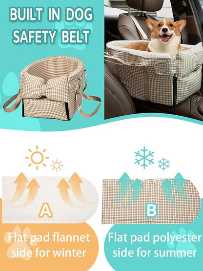 Prpeko Dog Car Seat for Small Dogs,Center Console Seat for Puppy,Anti-Collapse Pet Car Seat with Soft Cushion Safety Belt, Portable Car Armrest Seat for Dog & Cat Under 15 lbs (Grid-Brown)
