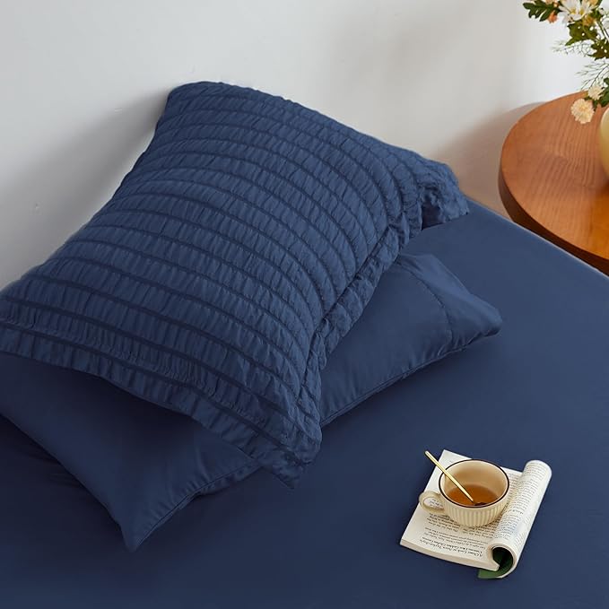 Love's cabin Seersucker Dark Blue California King Comforter Set, 7-Piece All Season Lightweight Bed in a Bag Bedding Set with Comforter, Flat Sheet, Fitted Sheet, Pillowcases and Shams | Soft, Breathable, Lightweight