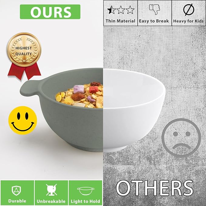 shopwithgreen Unbreakable Kids Bowls -Microwave Dishwasher Safe- Wheat Straw Snack Bowl Sets for Kids and Toddler-4 Bowls and 4 Spoons, Lightweight and Durable, 14 OZ