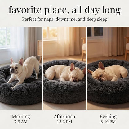 Calming Donut Dogs Beds for Medium Dogs up to 45 lb,30inch Anti-Slip Plush Round Dog Bed with Raised Rim,Fluffy Faux Fur Pet Bed for Cozy Sleep,Dark Grey
