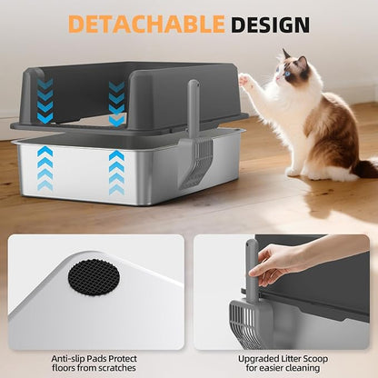 WoofiGo Enclosed Stainless Steel Cat Litter Box with Lid, XL Extra Large Litter Box for Big Cats, Metal Litter Pan High Sided, Never Absorbs Odors, Anti-Urine Leakage, Include Scoop (65-Darkgray)