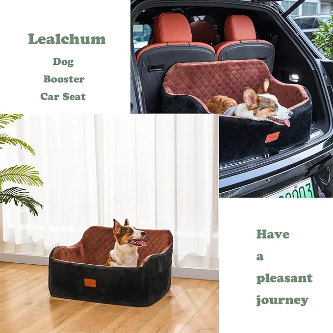 Lealchum Large Dog Car Seat,Memory Foam Cushion Car Seat for 2 Small Dogs,Comfy Car Dog Bed with Side Pocket and 2 Clip-On Safety Leashes,Easy to Install Cars Seat for Dogs(Black, Large)