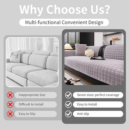 Velvet Couch Cover, Washable Sectional Sofa Cover, Anti Slip Sofa Slipcover for 3 Cushion Couch Sofa L Shaped Armrest Backrest, Furniture Protector Covers for Pets Kids(Light Grey, Only 1 PCS)